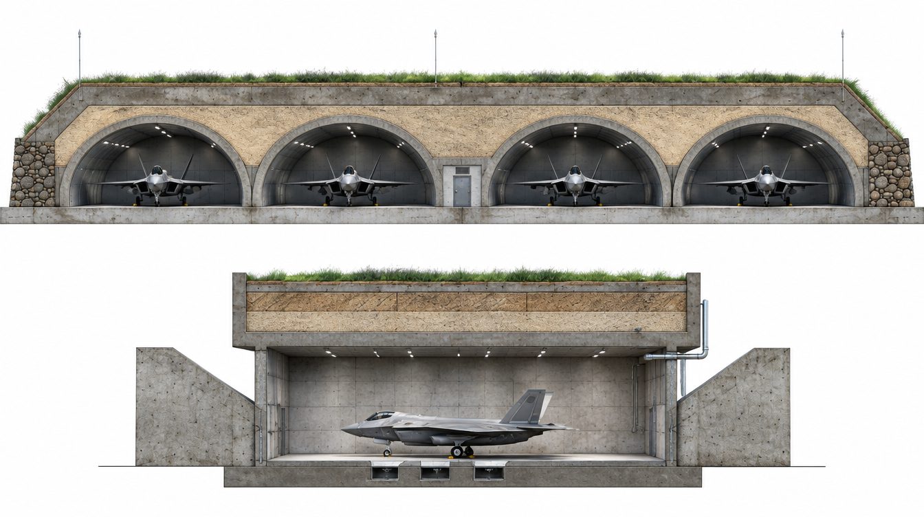 Protective layer concept in a hardened aircraft shelter section