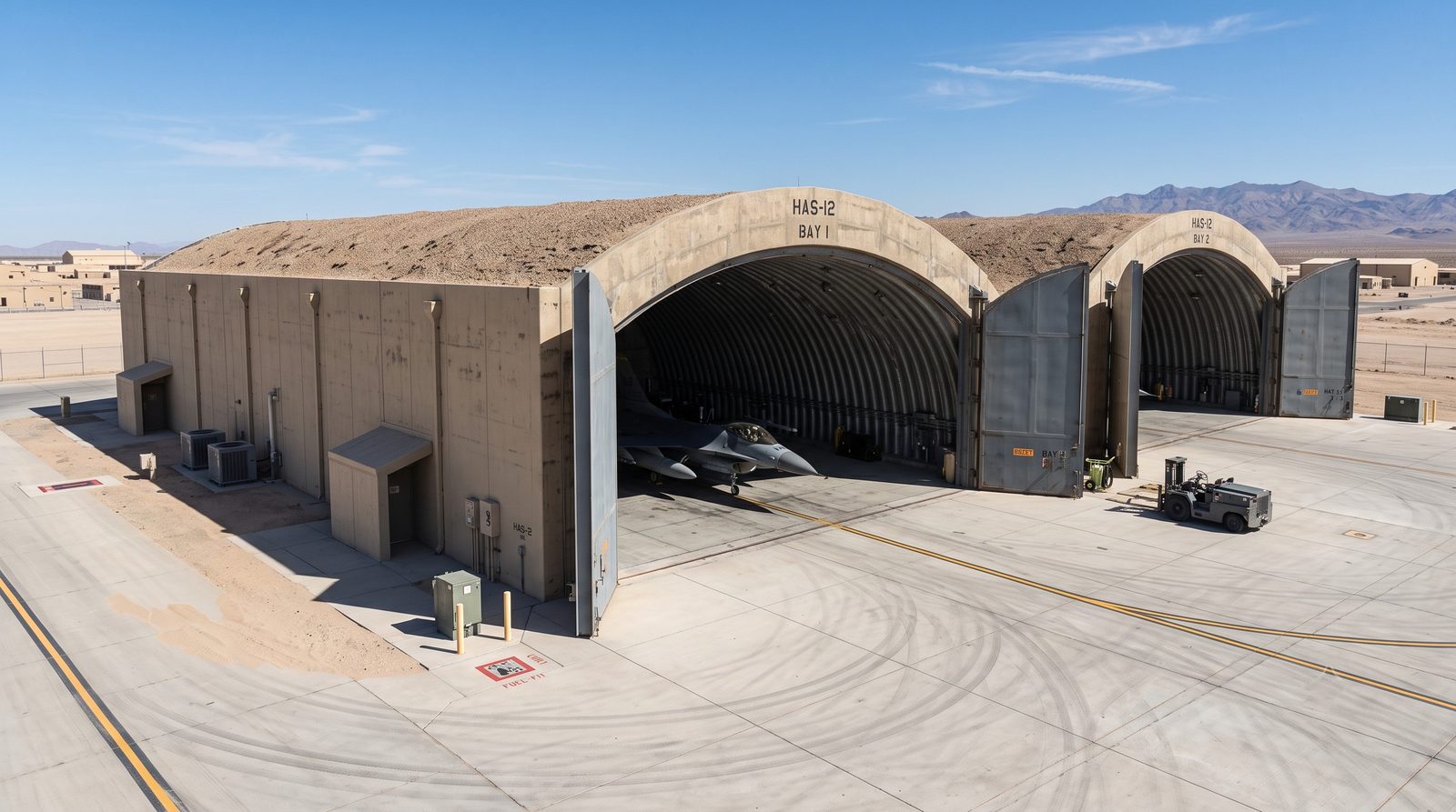 Multi-bay arch hardened aircraft shelter using the Steel Rolled Arch Liner